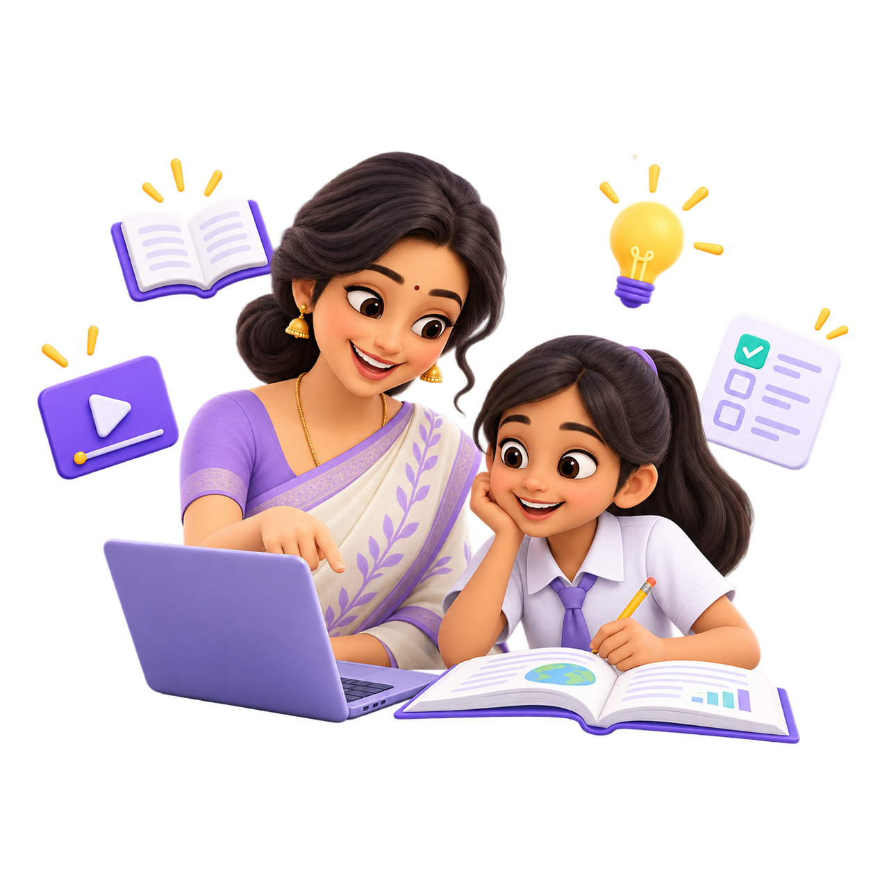 Teacher and student exploring lessons, videos and quizzes together
