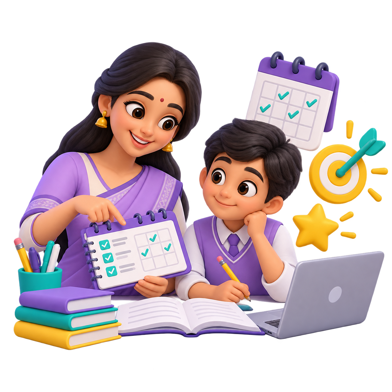 Teacher helping a student plan studies and practise with a workbook