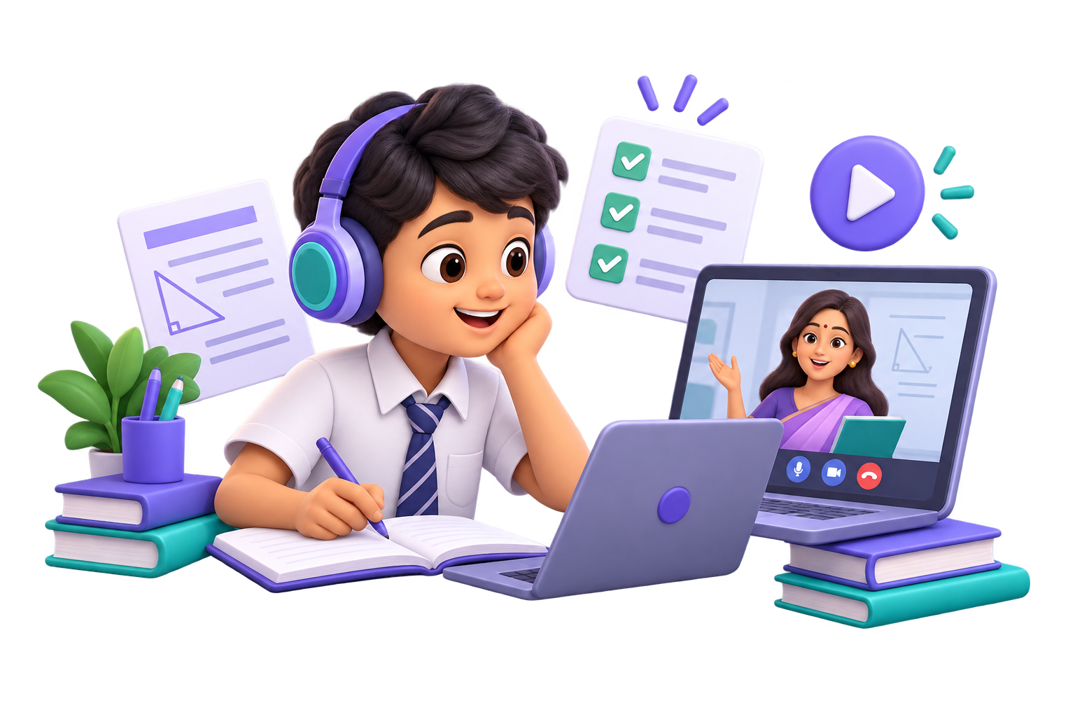 Student attending an interactive video lesson with quizzes and worksheets